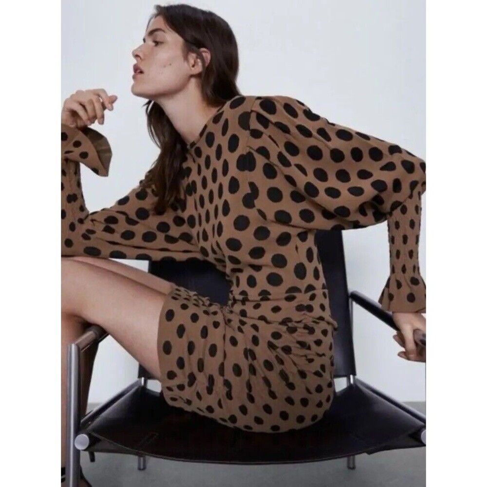 ZARA JERSEY KNIT RUFFLED CUFFED PUFF SLEEVE RUCHED DRAPED POLKA DOT DRESS Size M